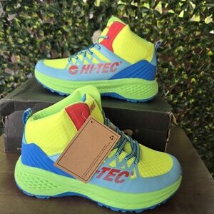 NIB Hi-Tec Destructor Logo Mid Trail Shoe Neon Yellow Aqua Blue Red Men Size 8.5